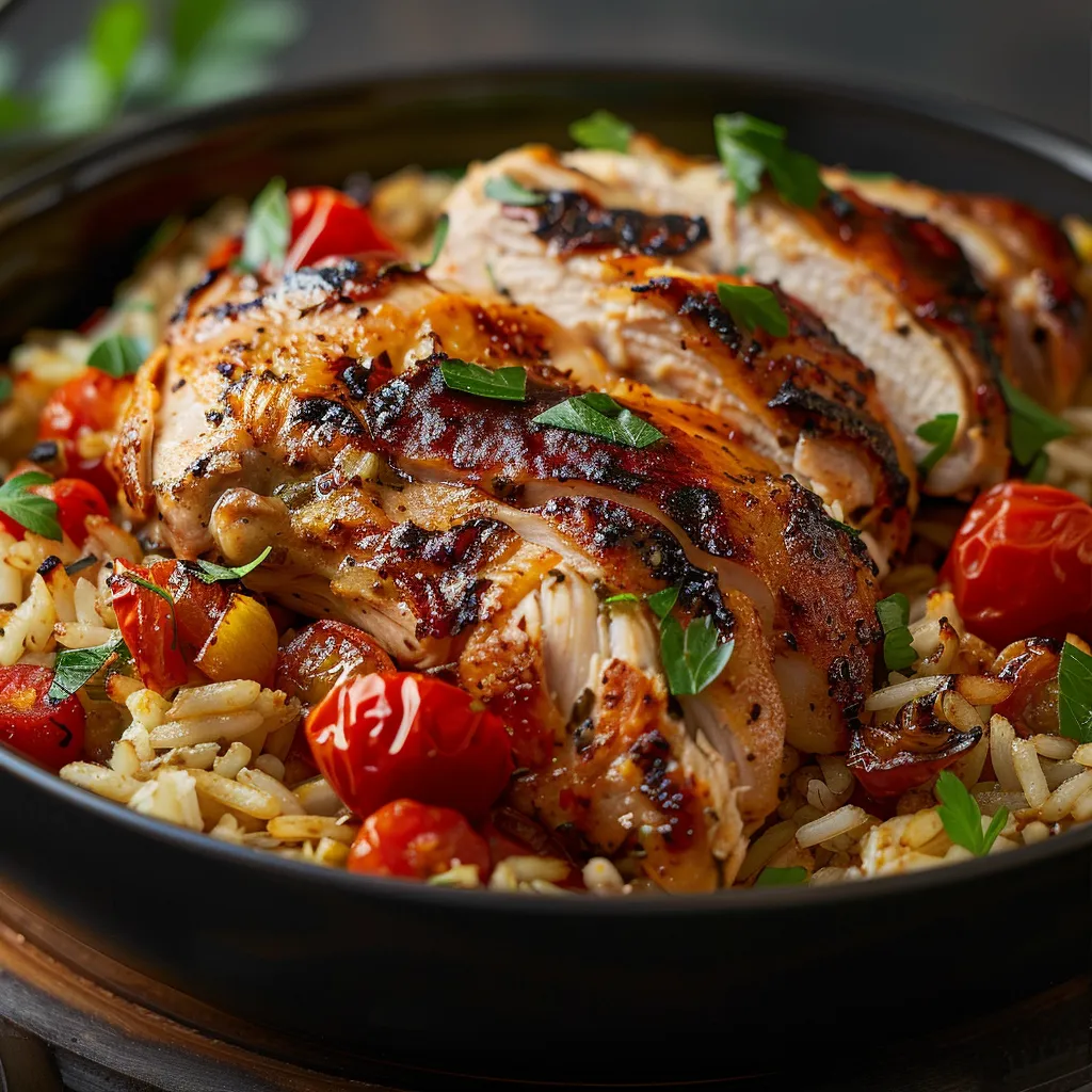 Delicious Serbian Chicken Rice dish, emphasizing the mix of chicken, vegetables, and warm colors in natural lighting.