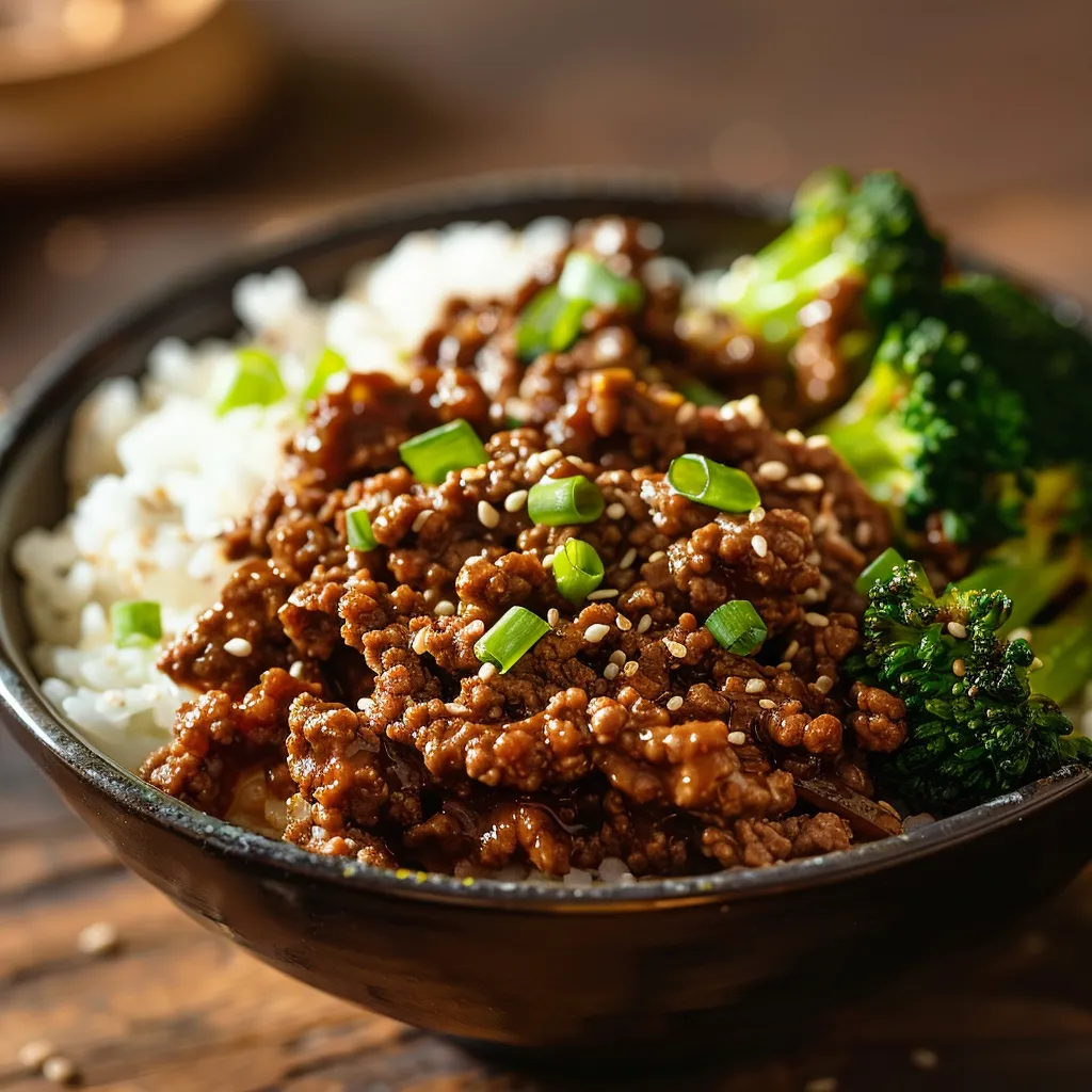 Eye-level shot of a Korean Ground Beef Bowl showcasing tender beef, colorful steamed broccoli, and sesame seeds.