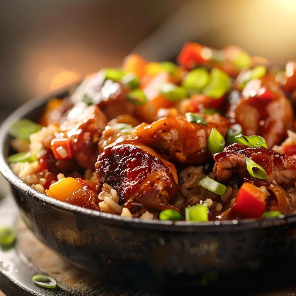 An appetizing presentation of One-Pan Honey BBQ Chicken Rice with chicken thighs, rice grains, and garnished with green onions.