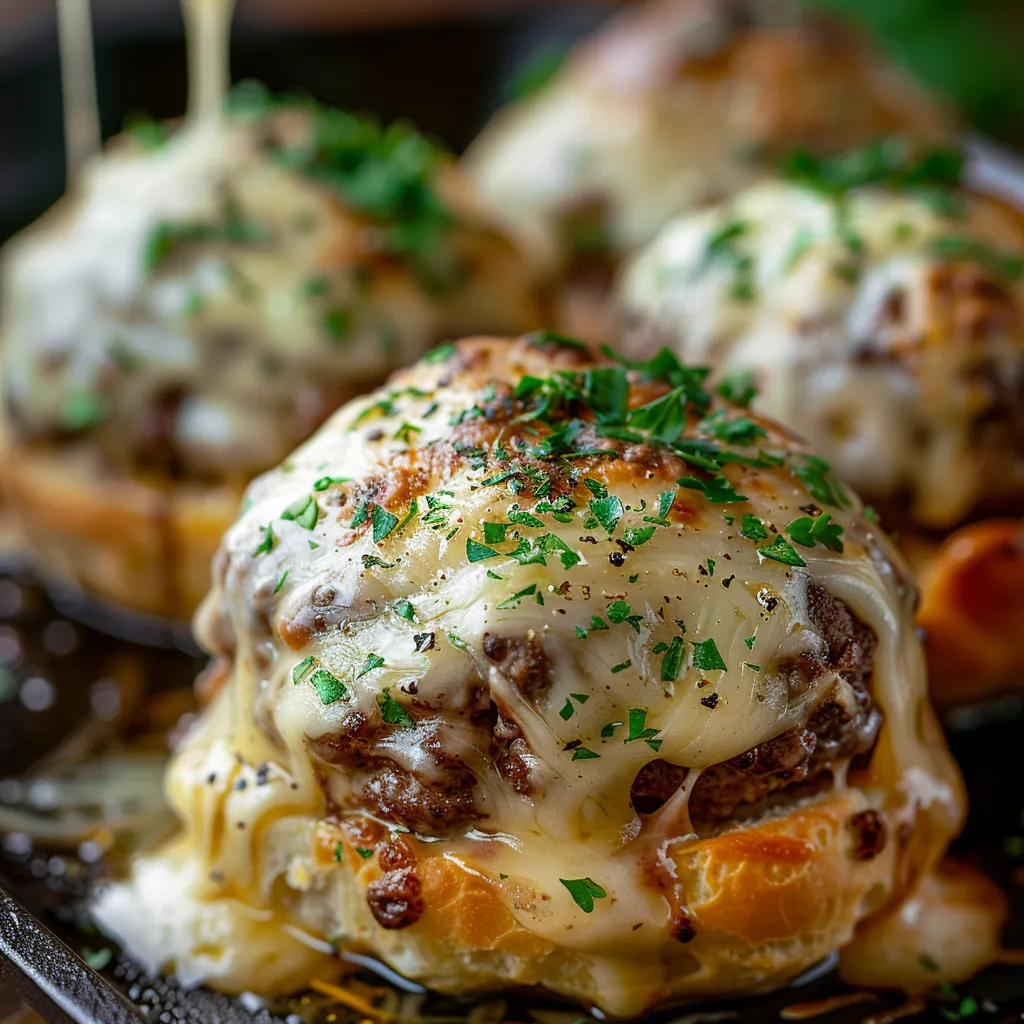 Savory Garlic Parmesan Cheeseburger Bombs displayed with a fresh parsley garnish and soft shadows.