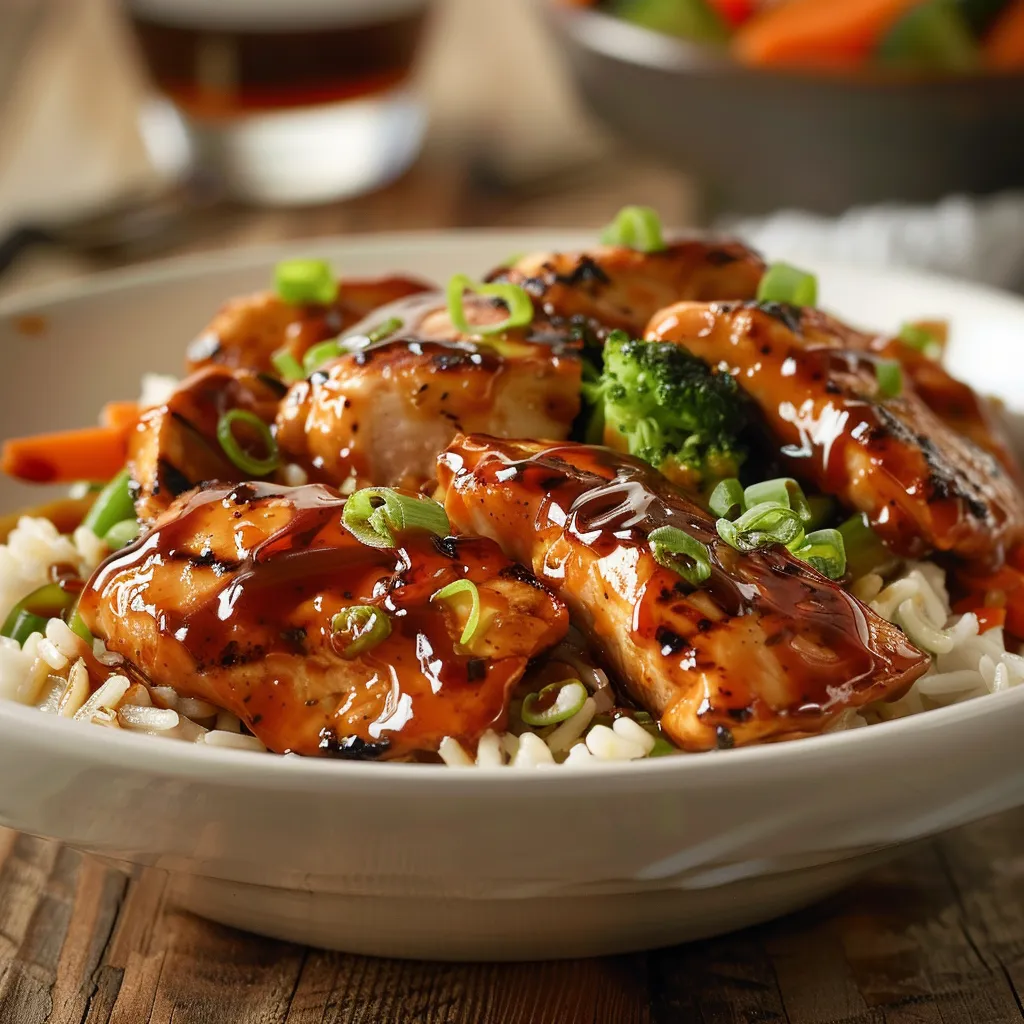 Tantalizing honey BBQ chicken with rice and a mix of vegetables, captured in warm natural light.