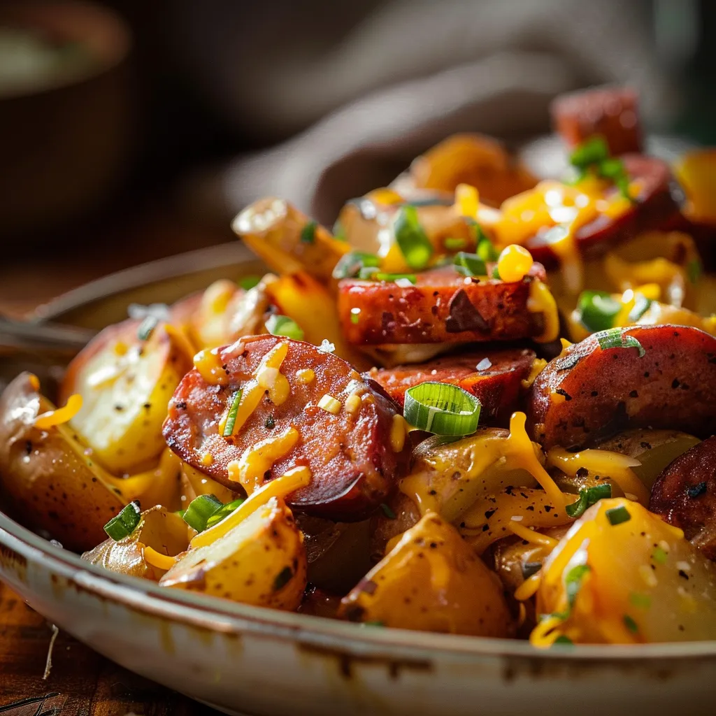 Appetizing plate of cheesy ranch potatoes mixed with smoked sausage, beautifully presented with a blurred background.