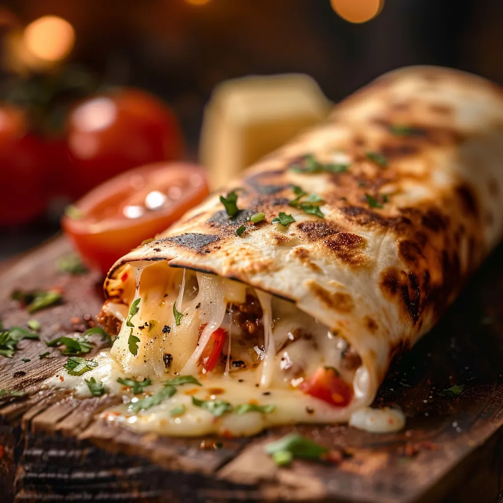 Eye-level photograph of a grilled cheese burrito cut in half, revealing its cheesy interior, with a blurred cozy background.