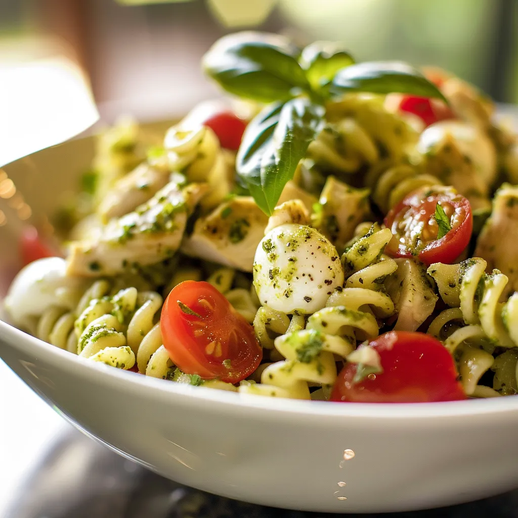 Detailed view of a colorful Chicken Pesto Pasta Salad with mozzarella and pesto dressing.