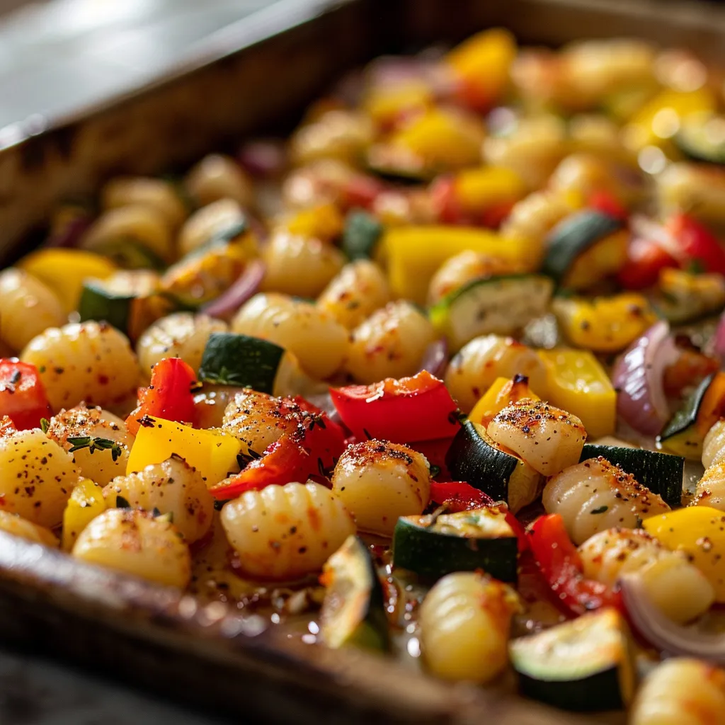 Plate of golden-brown gnocchi surrounded by assorted roasted vegetables.