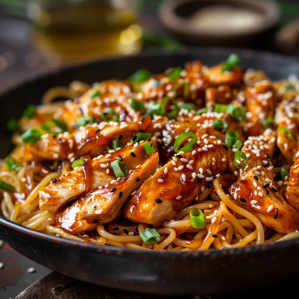 Eye-level shot of sticky garlic chicken noodles, highlighted by warm natural light.