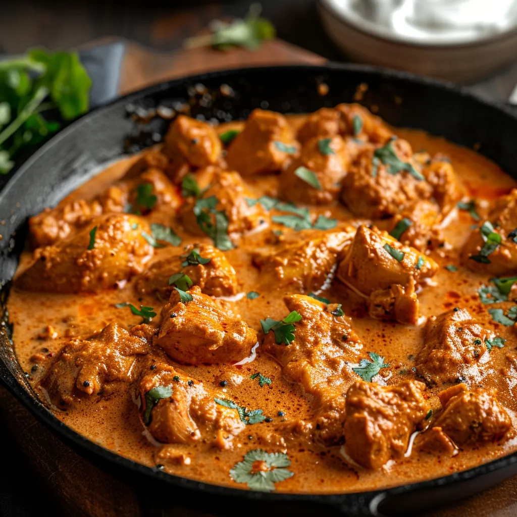 A plate of butter chicken garnished with cilantro and surrounded by warm lighting.