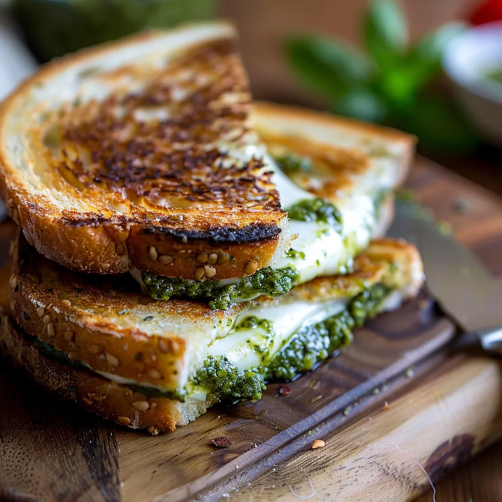 Mouthwatering grilled cheese sandwich featuring pesto and mozzarella, highlighted by soft natural lighting.