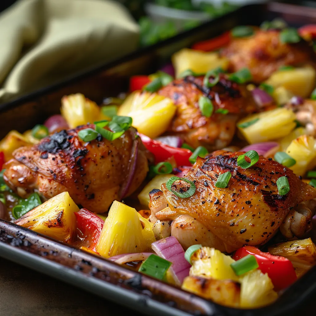 A vibrant, delicious Hawaiian Chicken Sheet Pan Dinner display with chicken thighs, pineapple, and mixed bell peppers.