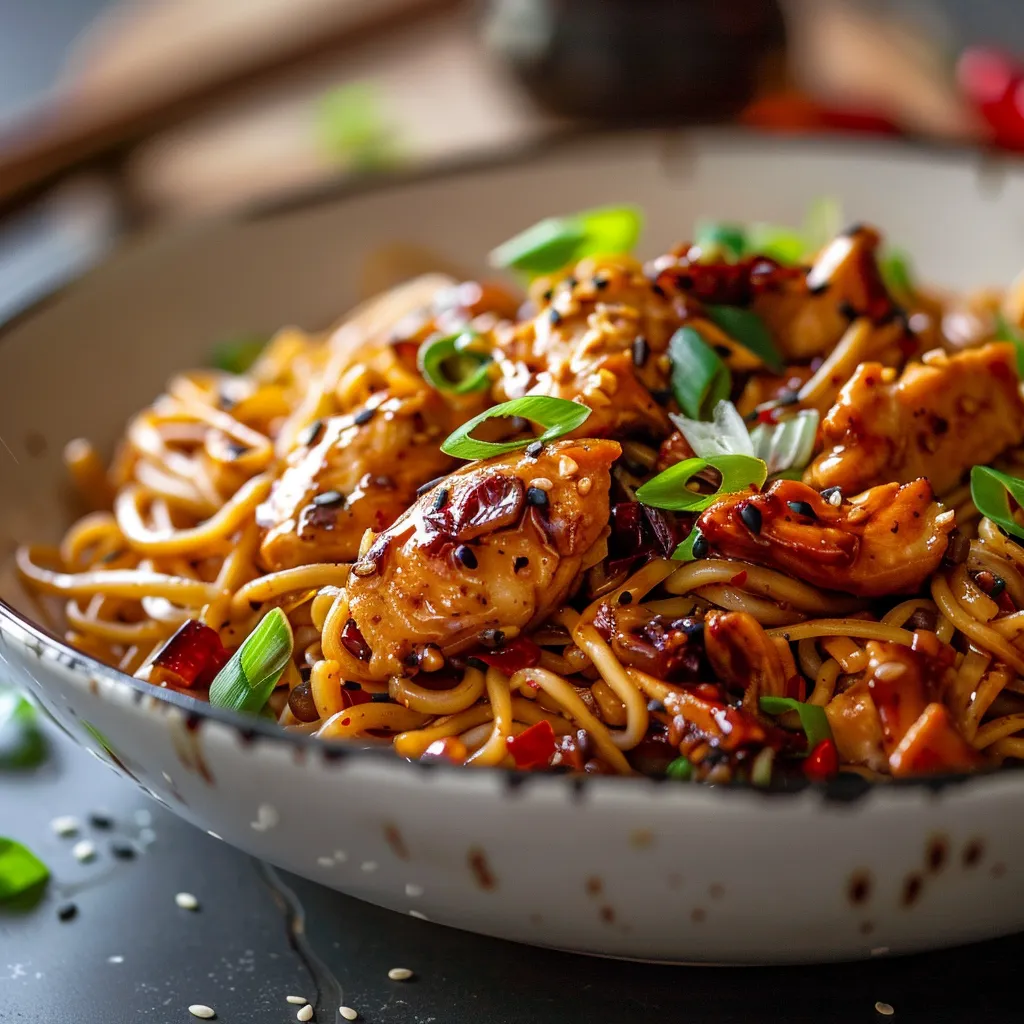 A vibrant plate of Sticky Garlic Chicken Noodles, showcasing glossy chicken pieces and herbs.
