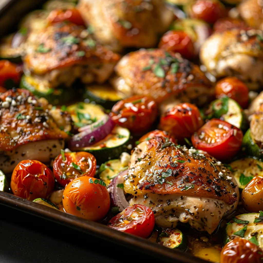 Deliciously arranged Greek chicken and mixed vegetables on a sheet pan, illuminated by natural light.