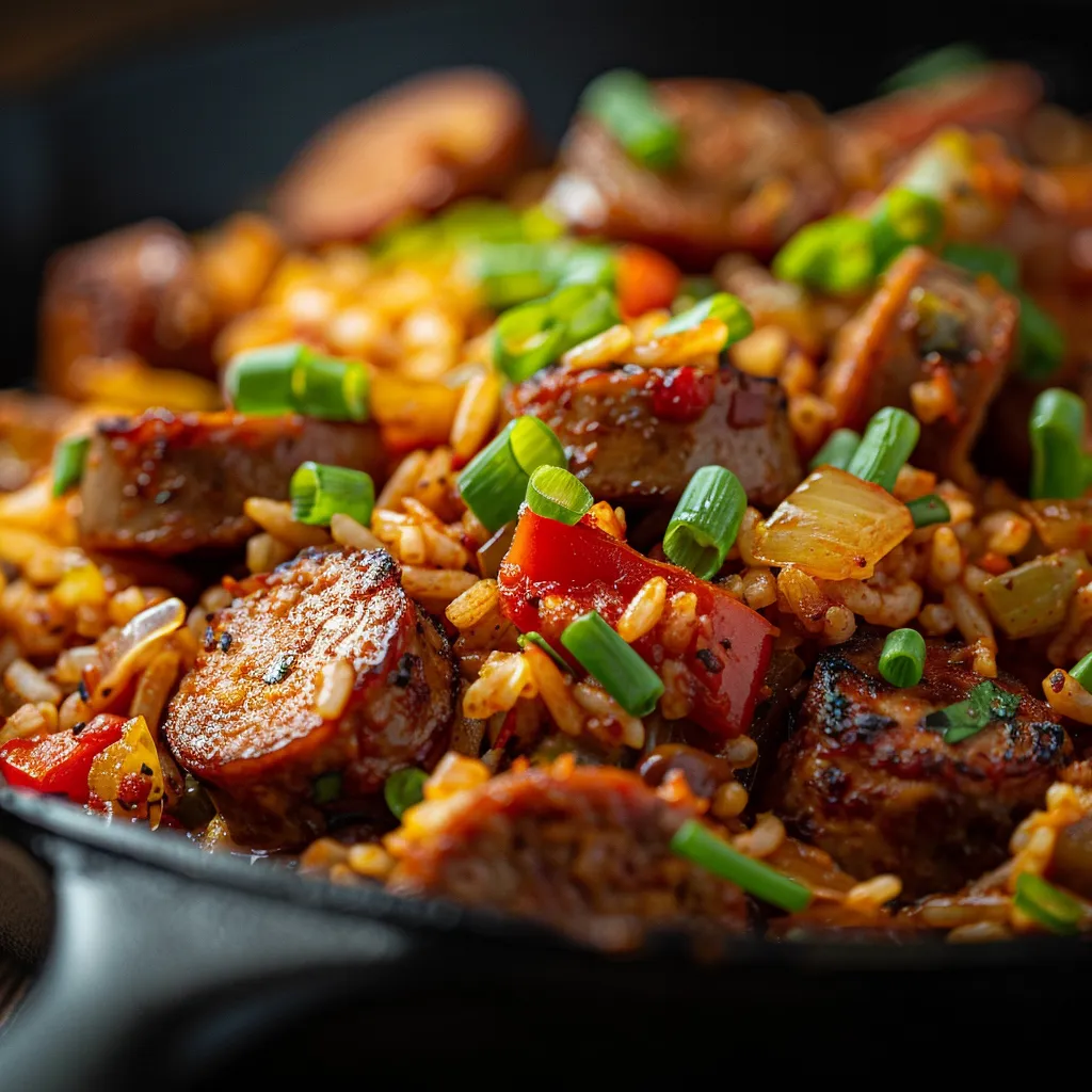 Detailed view of Cajun Sausage and Rice, highlighting the ingredients and cooking style.