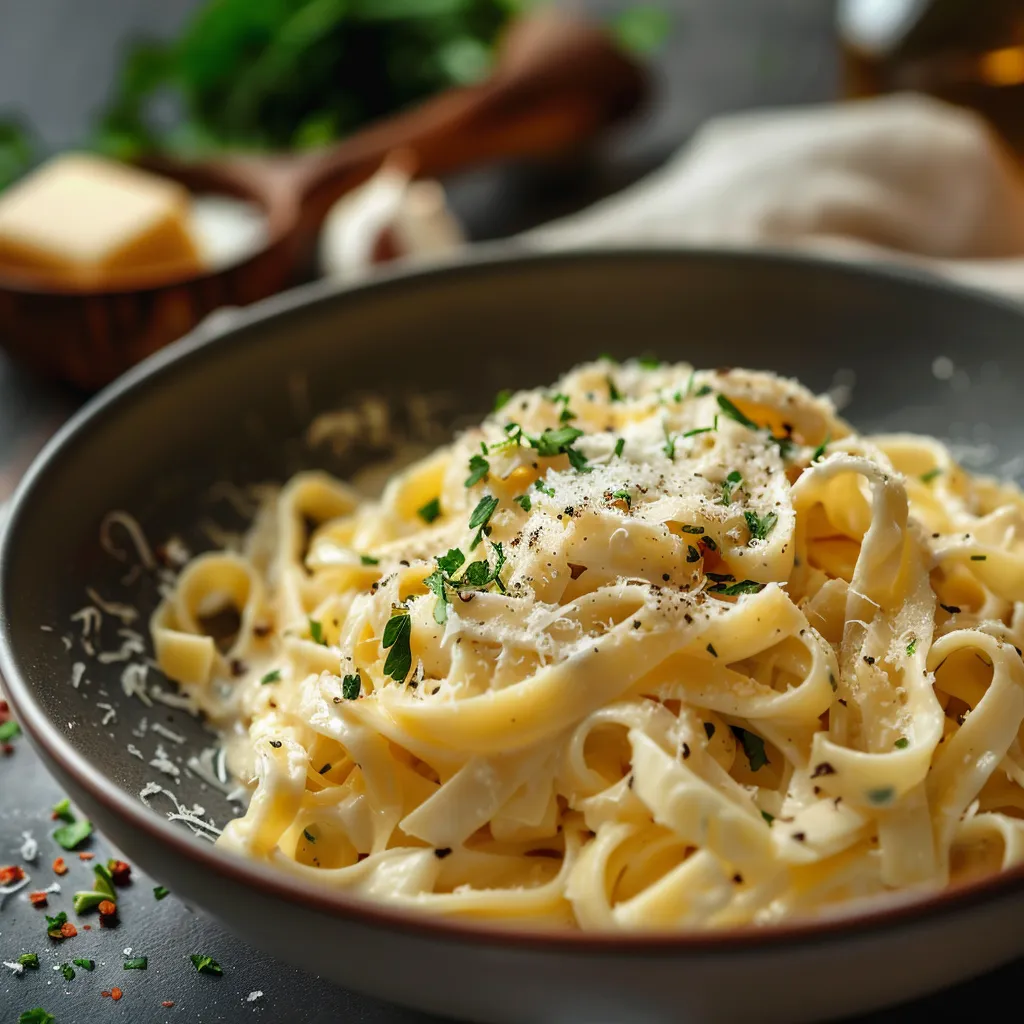 Delicious tagliatelle pasta dressed in a rich garlic cream sauce, showcasing its texture.