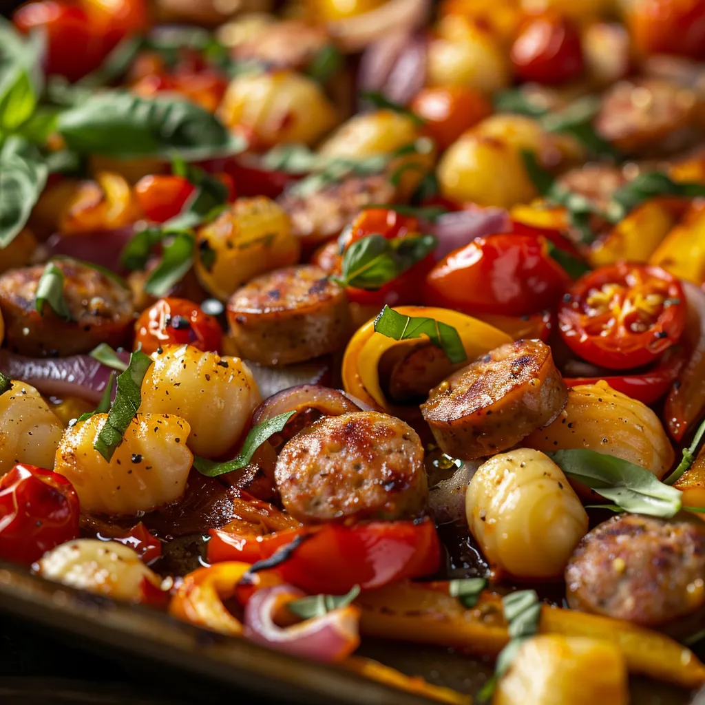 Eye-level shot showcasing gnocchi and sausage, garnished with fresh basil and warm natural lighting.
