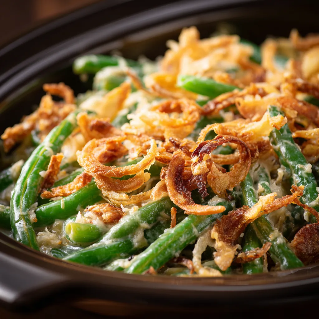 An enticing image of a green bean casserole with melted cheese and crispy onions, emphasizing its appetizing details.