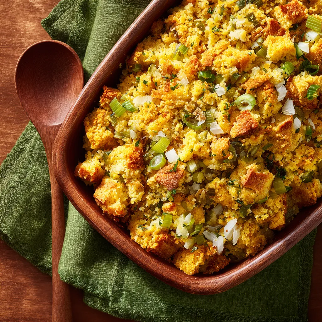 Detailed view of savory cornbread stuffing with fresh herbs against a blurred background.