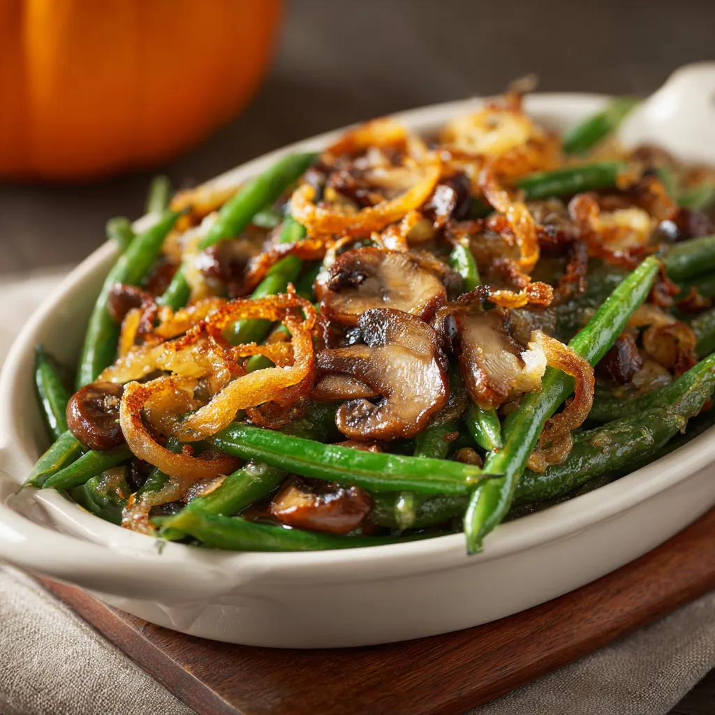 An inviting green bean casserole with a rich sauce and crunchy onion topping, beautifully presented.