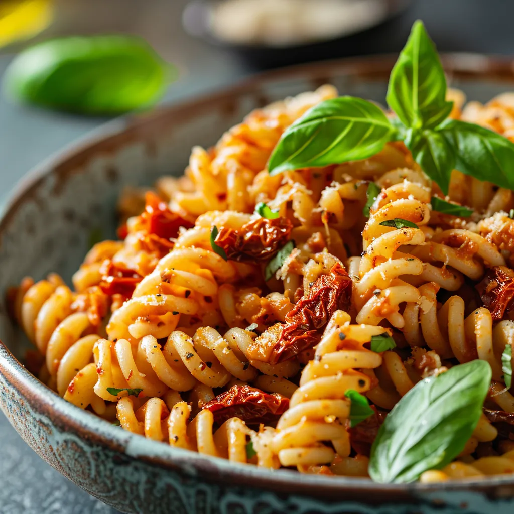 Creamy sun-dried tomato pasta featuring rich textures and vibrant colors, set against a blurred background.