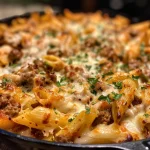 Close-up view of creamy baked penne pasta topped with melted mozzarella and ground beef.