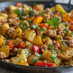 Close-up view of a delicious one-pan ground turkey and potatoes meal with colorful vegetables.