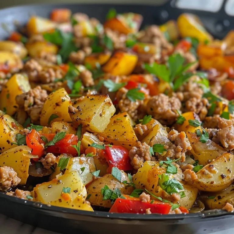 Close-up view of a delicious one-pan ground turkey and potatoes meal with colorful vegetables.