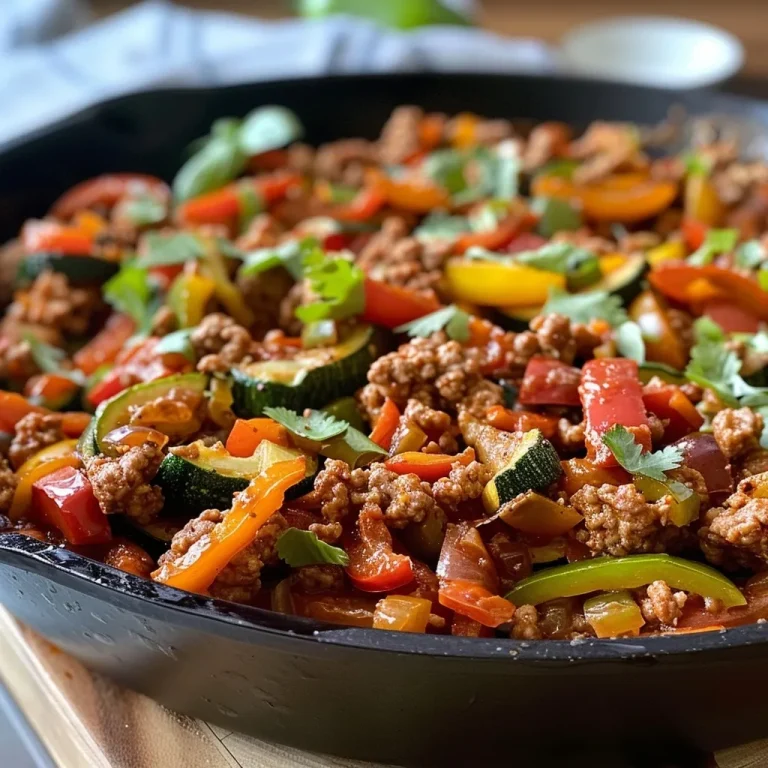 Close-up view of a skillet filled with ground turkey and colorful vegetables.