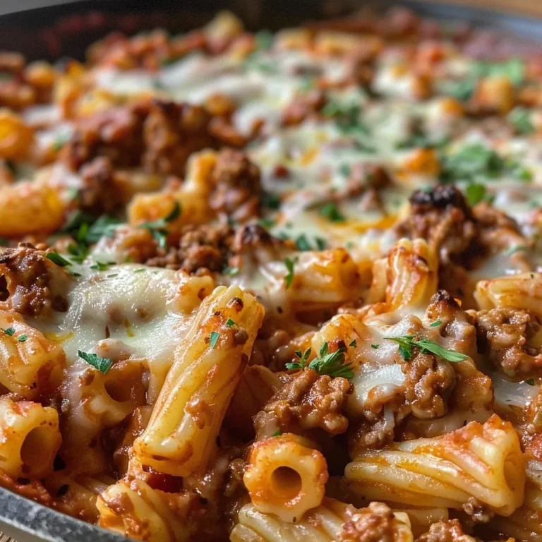 A close-up side view of a Cheesy Ground Beef Pasta Skillet, showcasing a creamy, cheesy pasta dish.