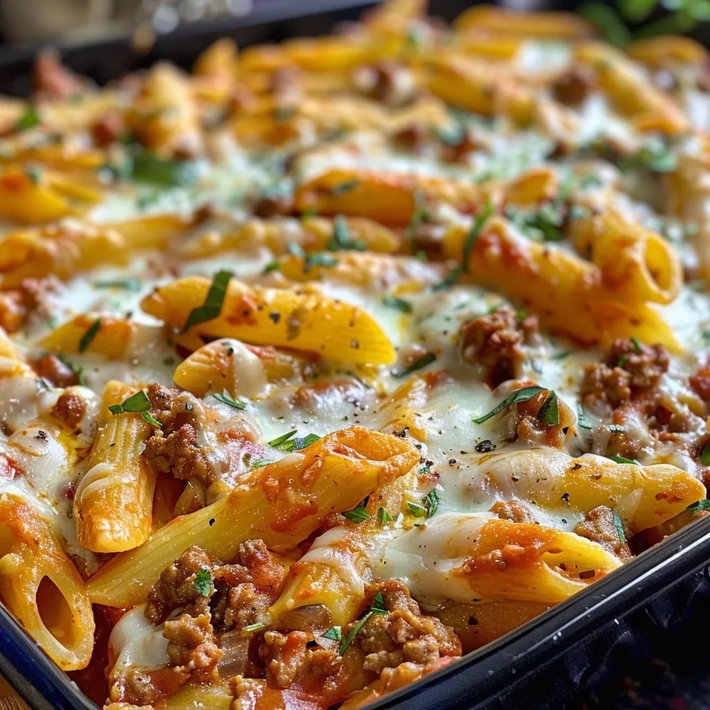 Side view of a serving of baked penne with ground beef and a creamy cheese layer.