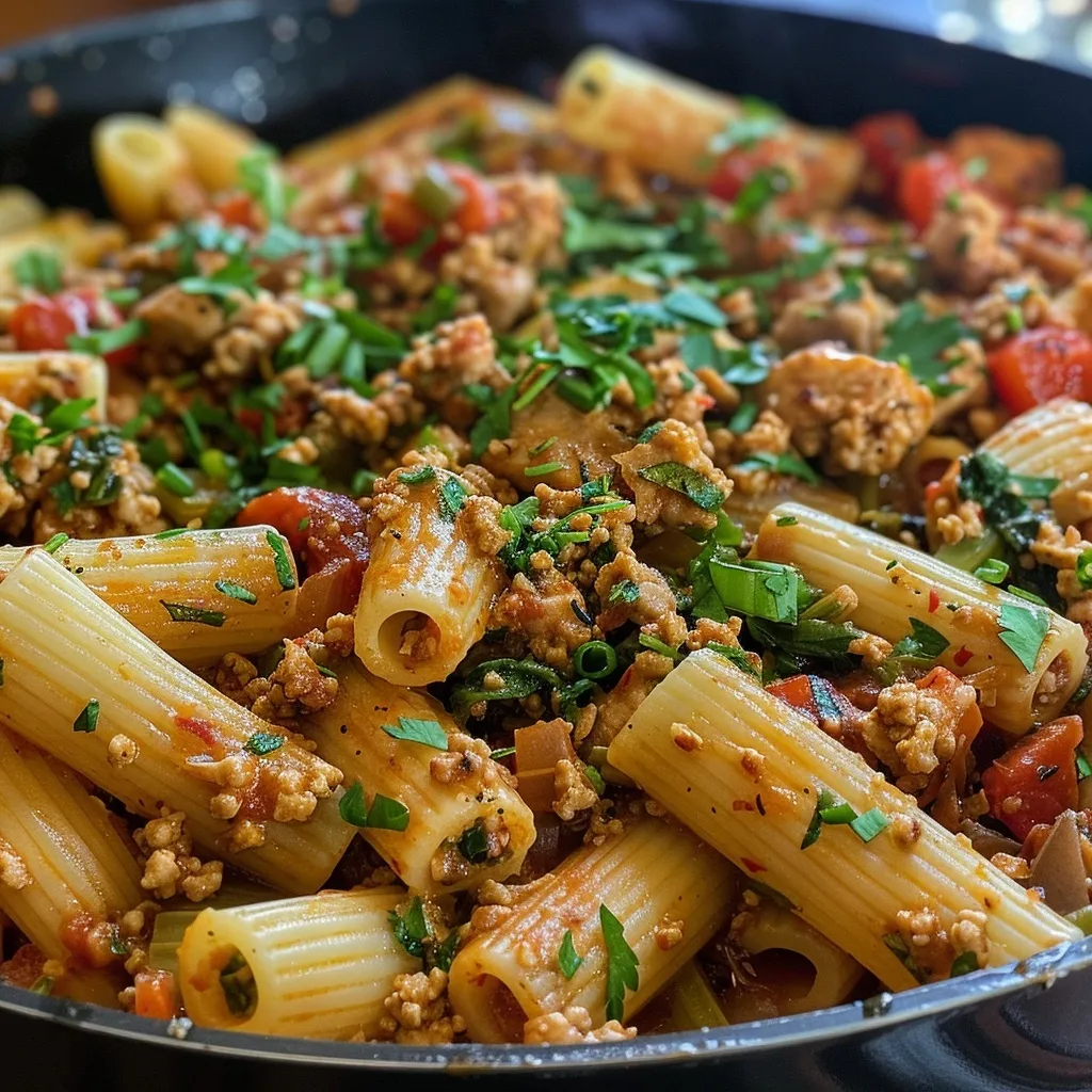 Side view of a plate filled with One Pot Ground Turkey Pasta, highlighting its rich sauce and colorful vegetables.