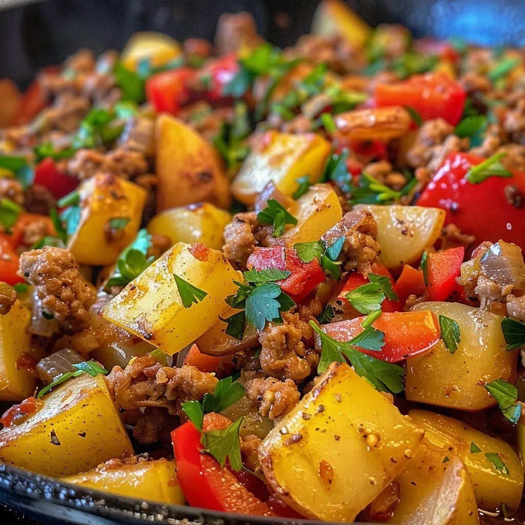 Juicy ground turkey and diced potatoes in a skillet, garnished with fresh parsley.