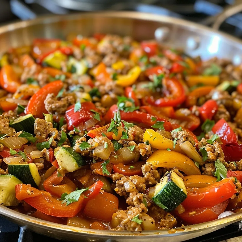 Juicy ground turkey dish with bell peppers and zucchini in a frying pan.