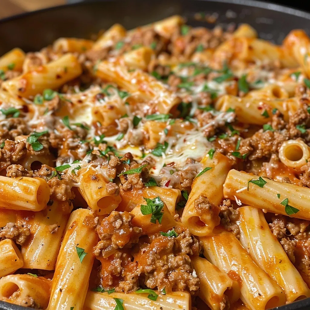 Delicious Cheesy Ground Beef Pasta Skillet with ziti, ground beef, and melted mozzarella in a skillet.