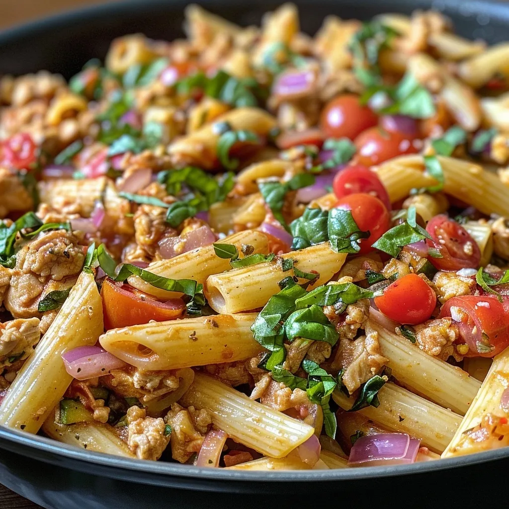 A side view of a dish featuring juicy ground chicken and vibrant grape tomatoes with pasta.