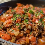 Close-up view of a plate featuring a ground beef meal topped with chopped parsley.