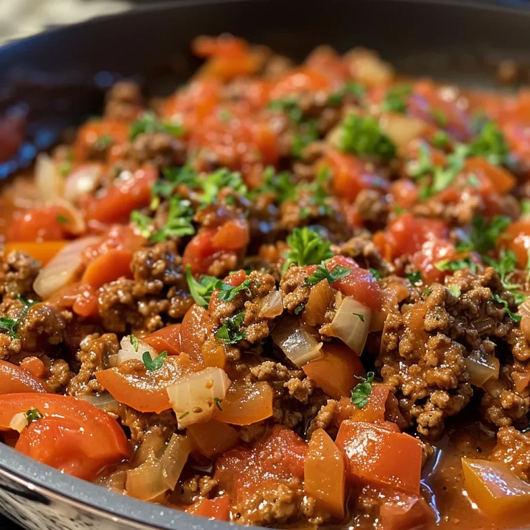 Close-up view of a plate featuring a ground beef meal topped with chopped parsley.