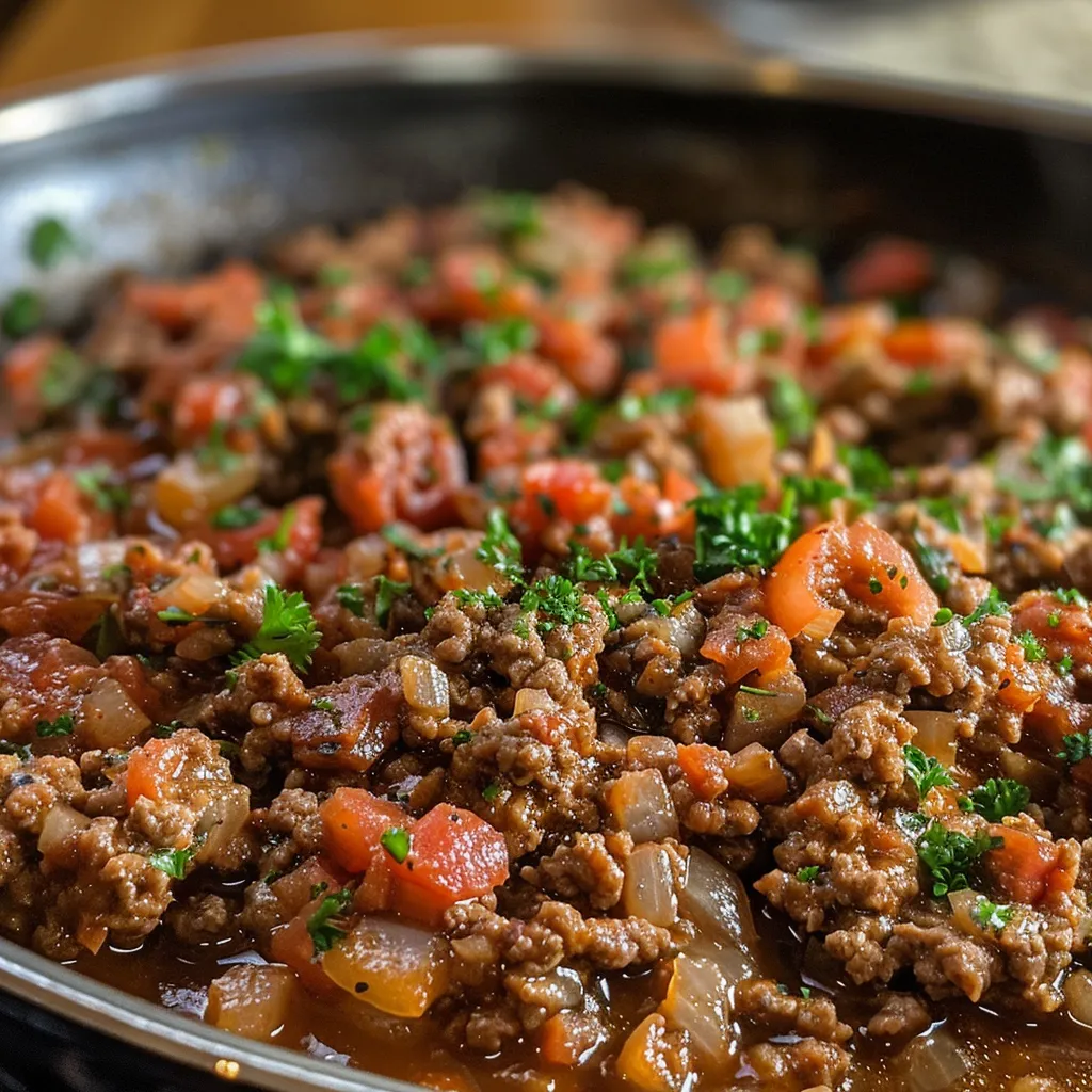 Side view of a delicious ground beef dish, showcasing colorful ingredients and garnishes.