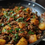 Close-up view of Aloo Keema, a hearty Pakistani ground beef and potato curry, garnished with fresh coriander.