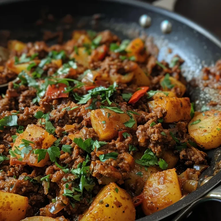 Close-up view of Aloo Keema, a hearty Pakistani ground beef and potato curry, garnished with fresh coriander.