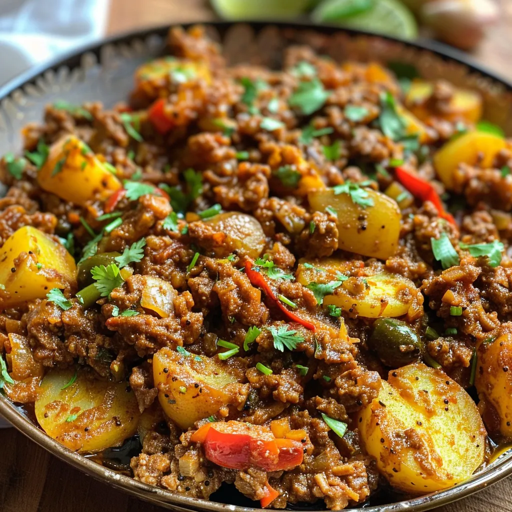 Side view of flavorful Aloo Keema with tender potatoes and aromatic spices, served in a bowl.