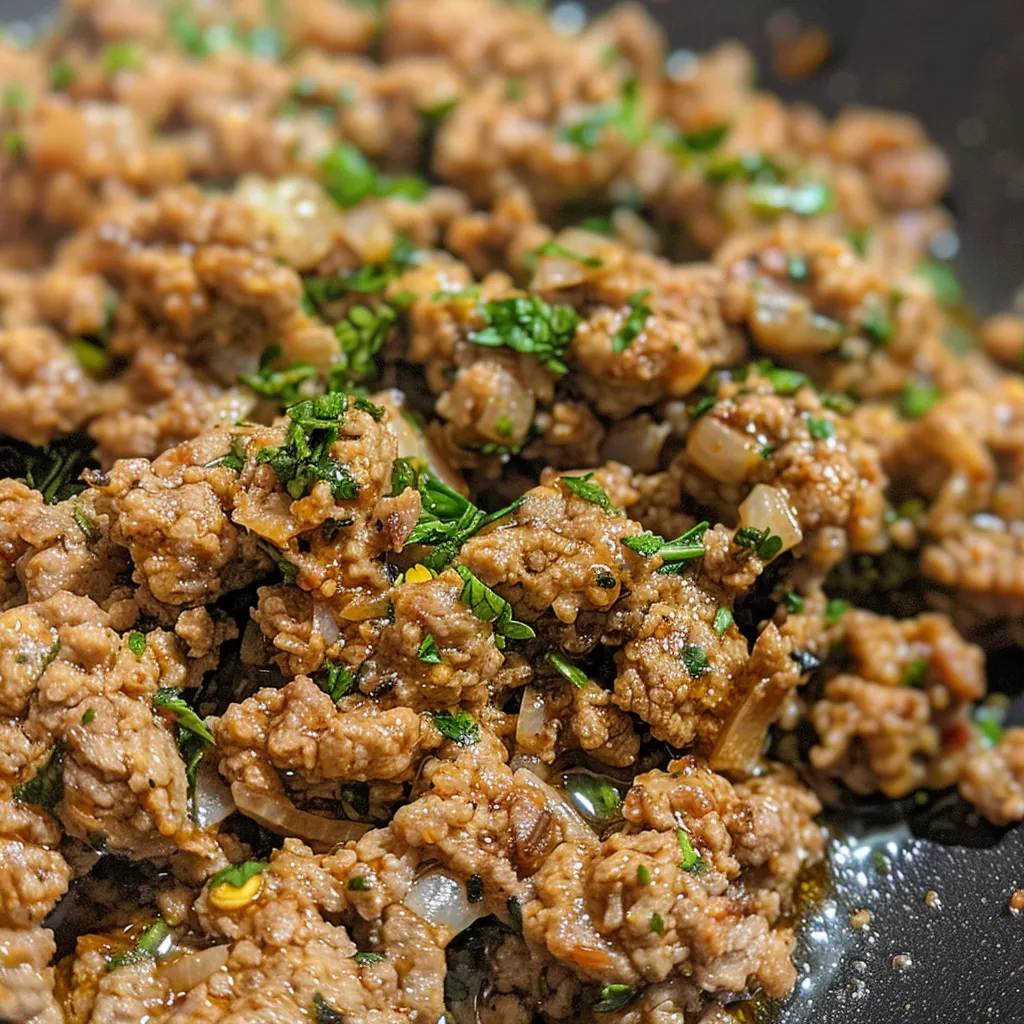 Plate of juicy ground chicken showing spices and ingredients.