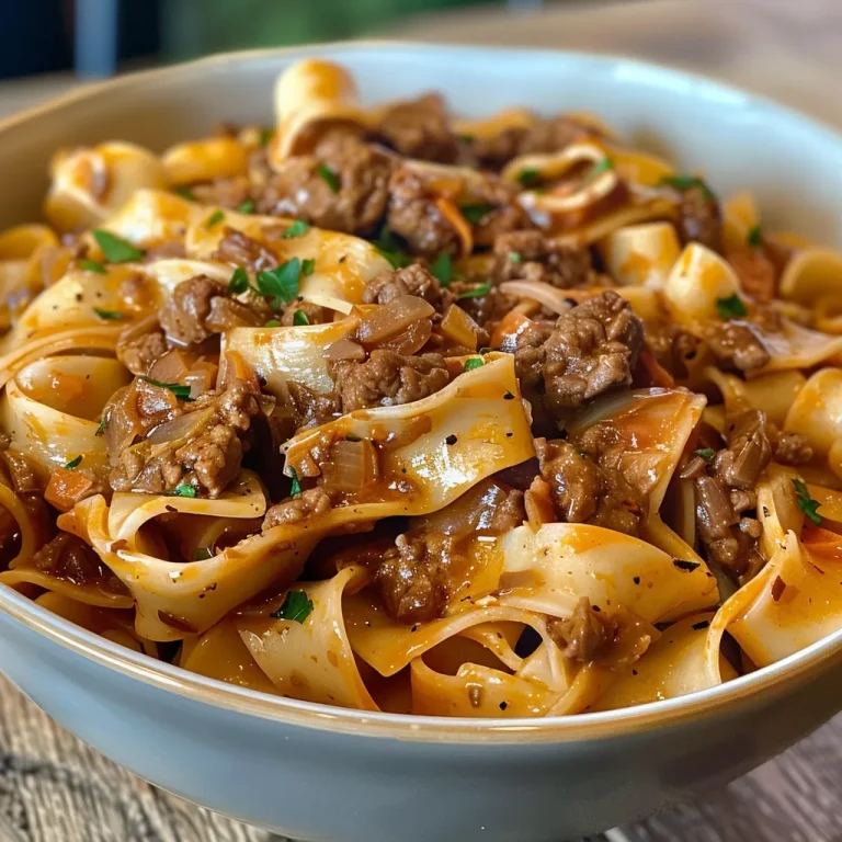 Close-up view of a hearty bowl of beef and noodles topped with fresh herbs.