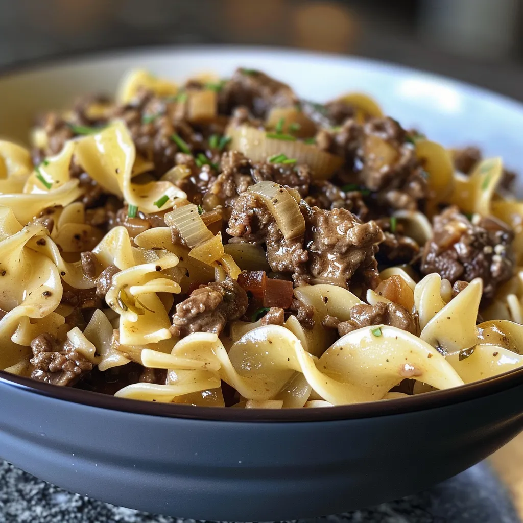 Side view of a delicious plate of beef and egg noodles drizzled with creamy sauce.