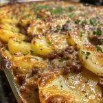 Close-up of a beef and potato casserole with golden cheese topping.