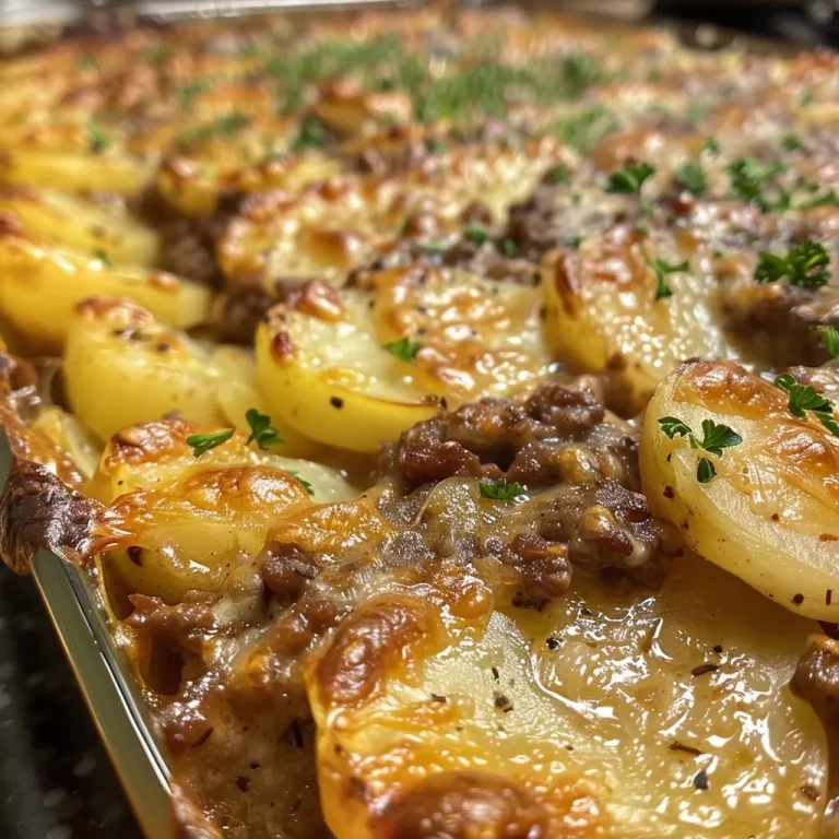Close-up of a beef and potato casserole with golden cheese topping.