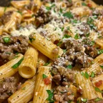Close-up of a bowl of Beef Garlic Pasta topped with fresh herbs.