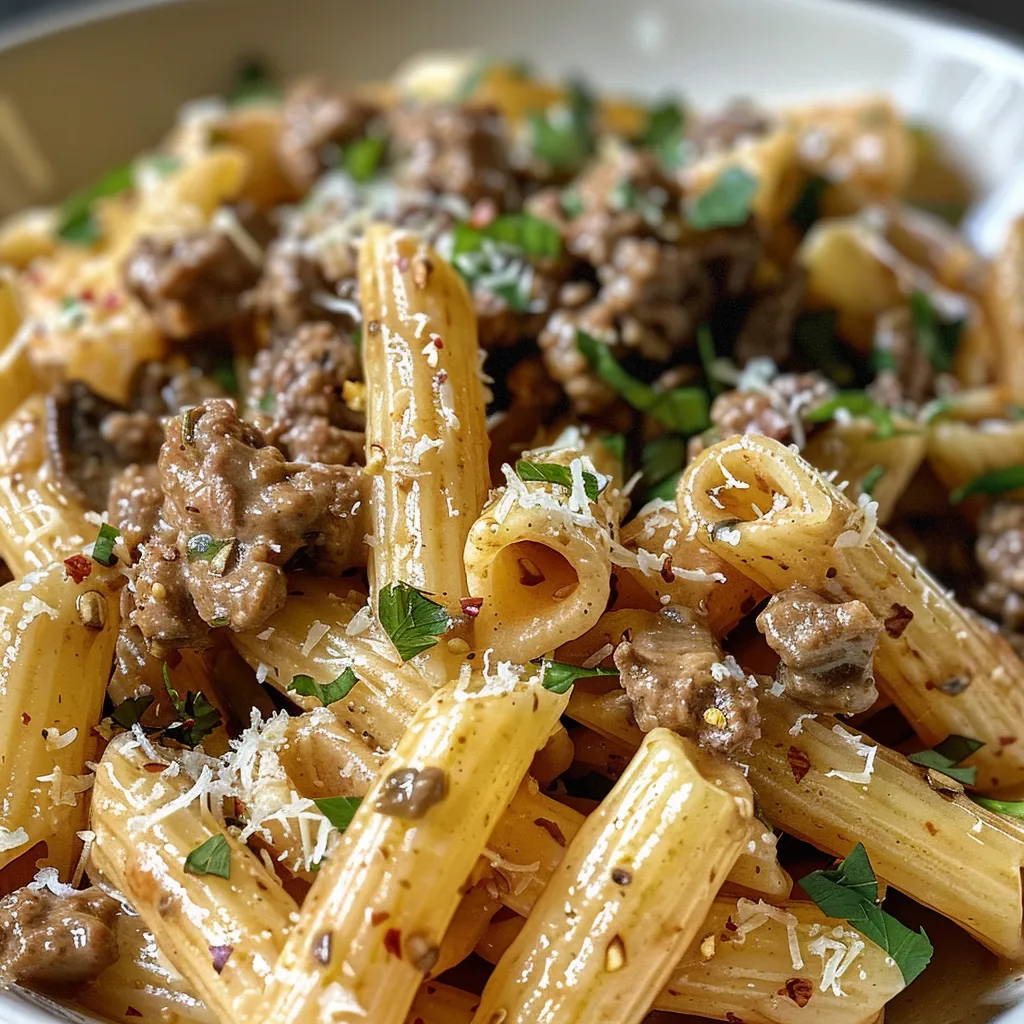 Side view of a delicious Beef Garlic Pasta, featuring ground beef and garlic.