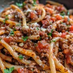 Close-up of a bowl of beef pasta with herbs and cheese on top.