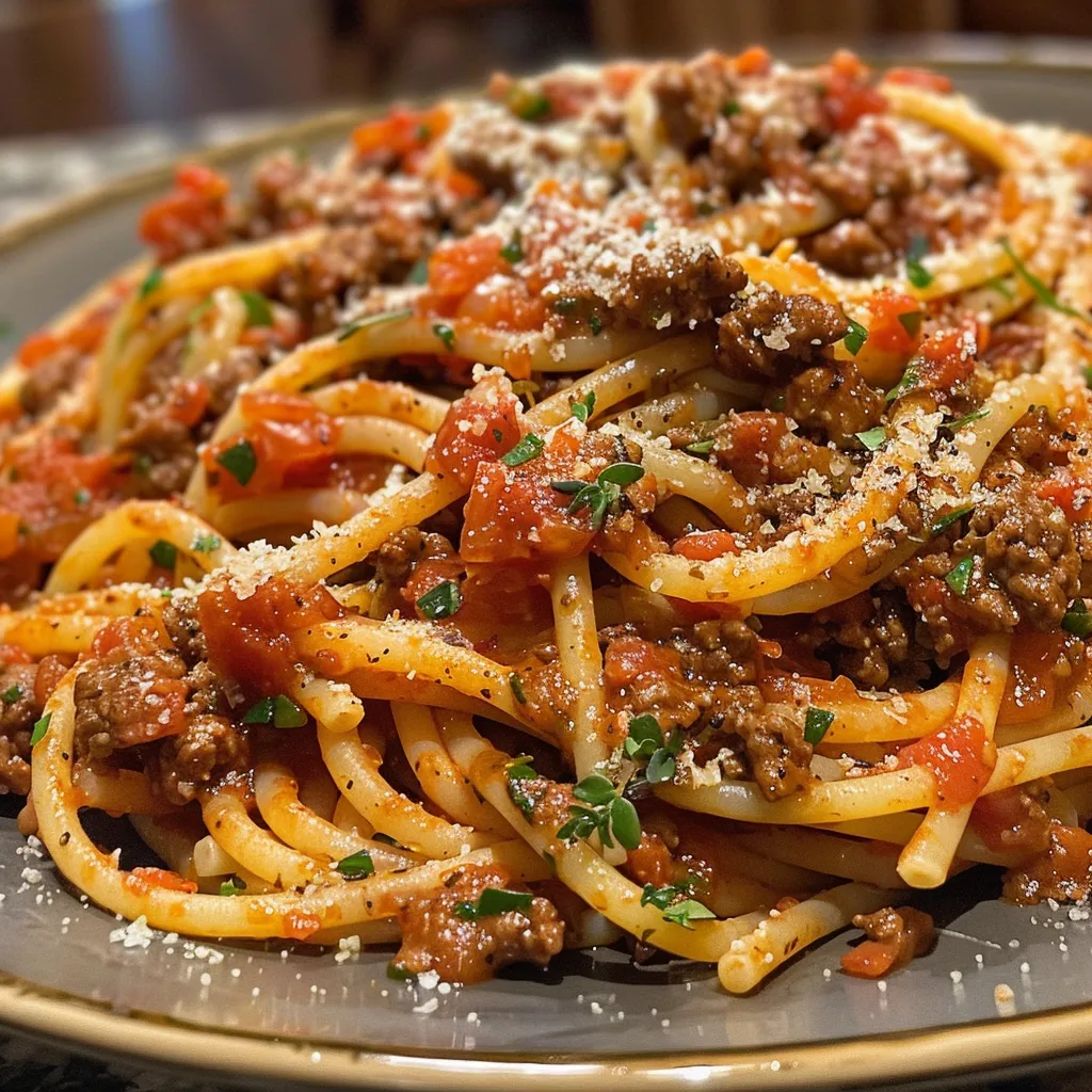Side view of a hearty beef pasta dish with shredded cheese and sauces.