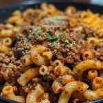 Close-up side view of a bowl of Beefaroni topped with melted cheese.