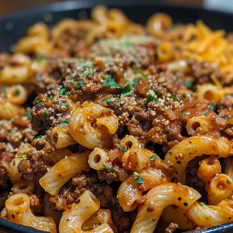 Close-up side view of a bowl of Beefaroni topped with melted cheese.